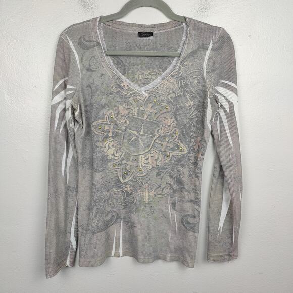 Vintage Y2K Vanity Top Womens Large‎ Gray Distressed Thermal Fleur de Lis Bling - Picture 1 of 7